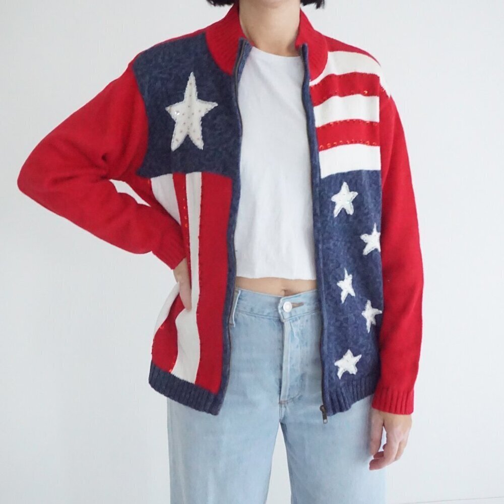 Vintage Tiara Red White Blue American Flag Sequin Zip Knit USA Cardigan M